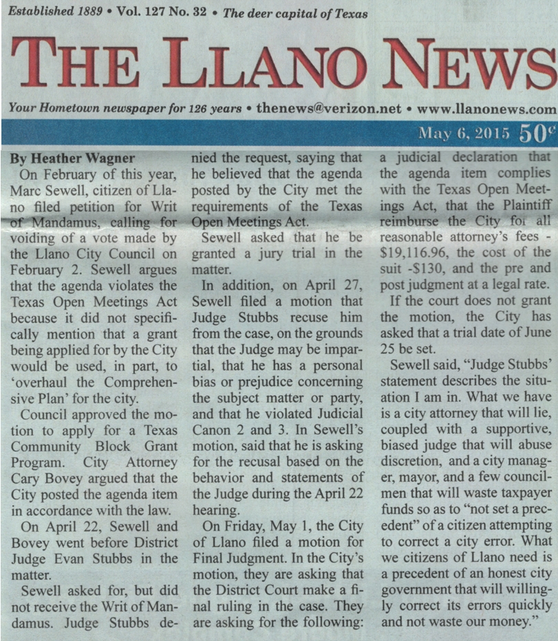 Llano News Judge Stubbs Article